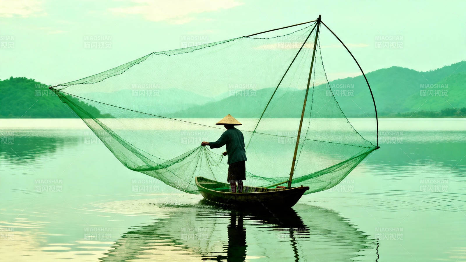 渔夫撒网 山水如画图片