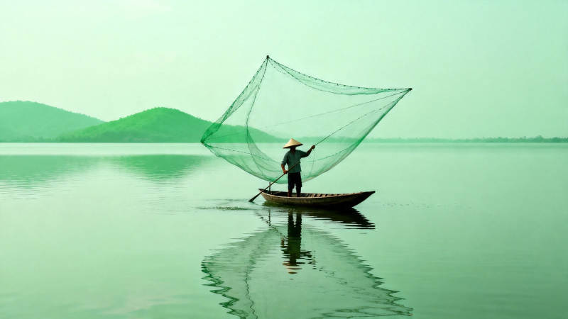 湖上撒网渔夫影图片