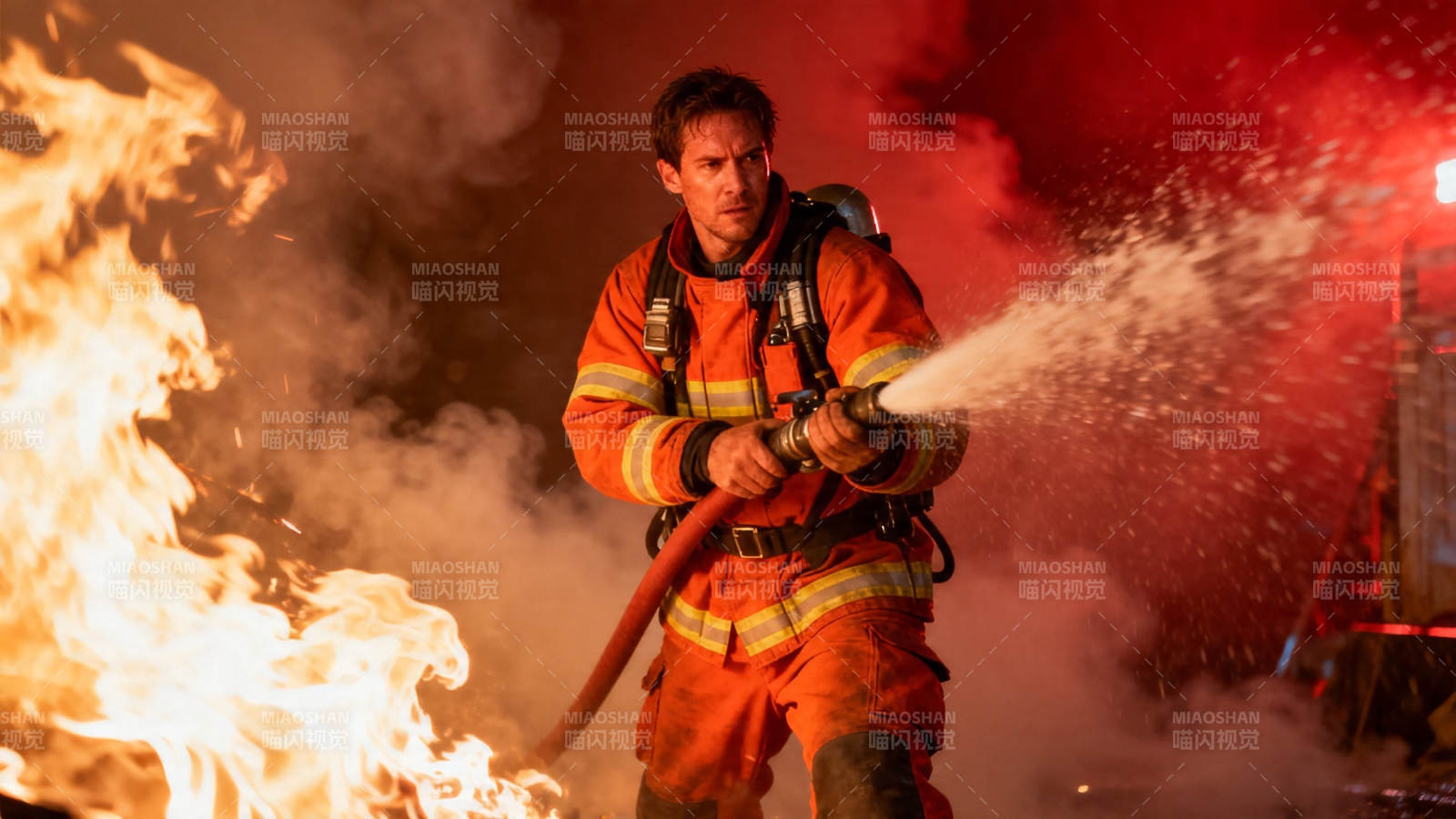 消防员火场喷水灭火图片