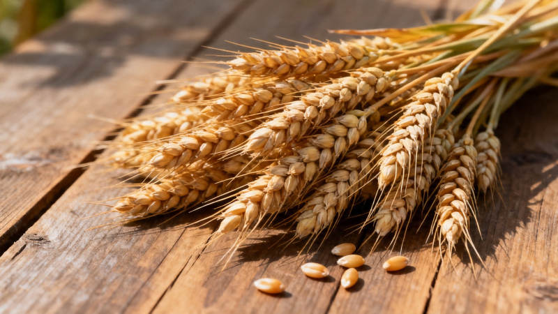 金黄麦穗躺木桌 几粒散落映阳光图片