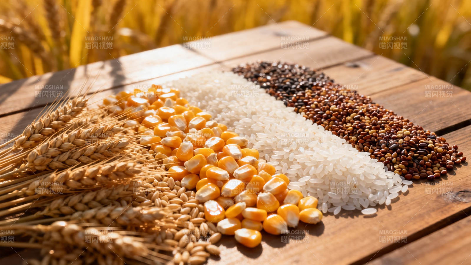 五谷丰登 粮满木桌图片