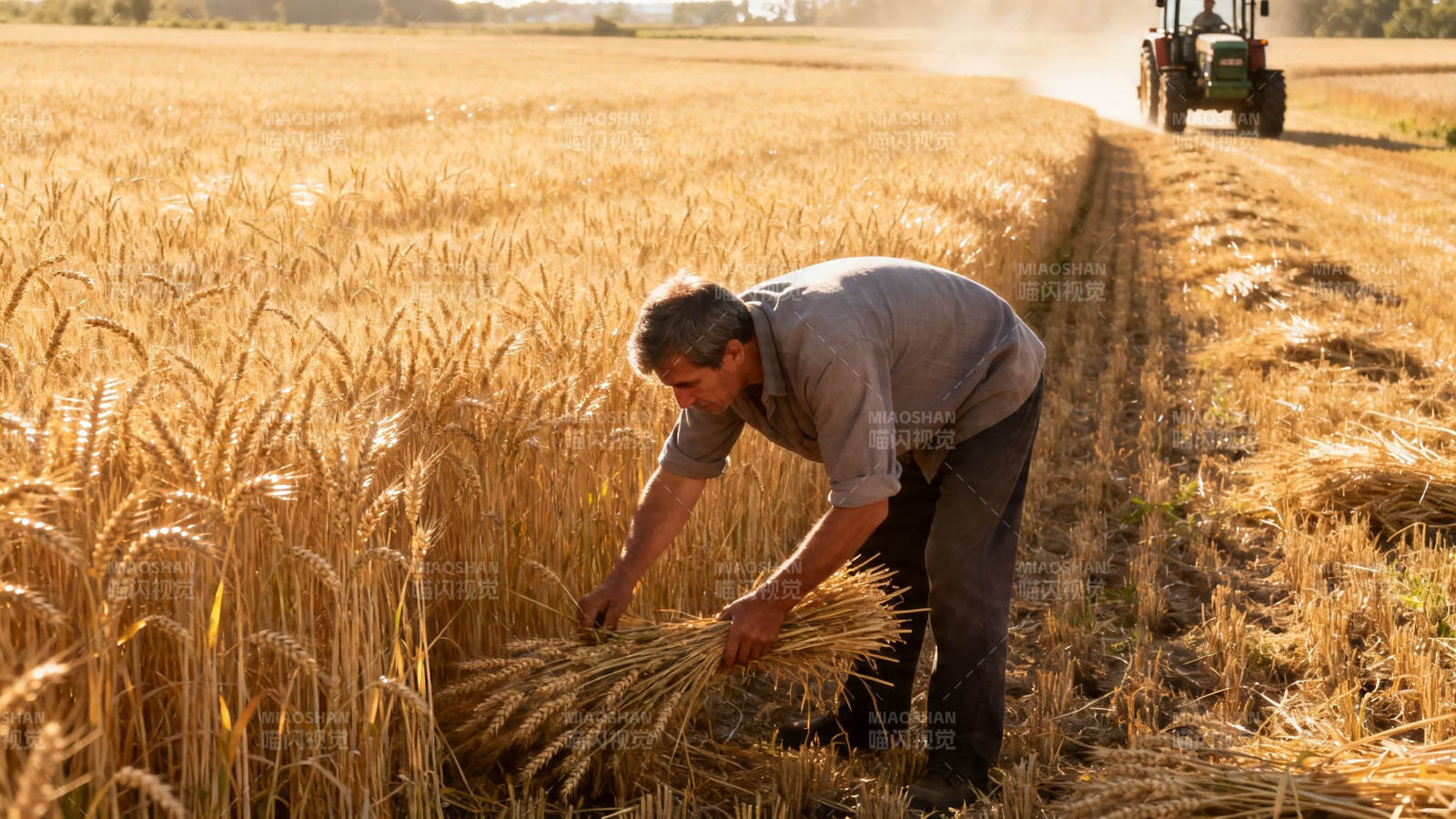 麦田收割 农人弯腰捆麦图片