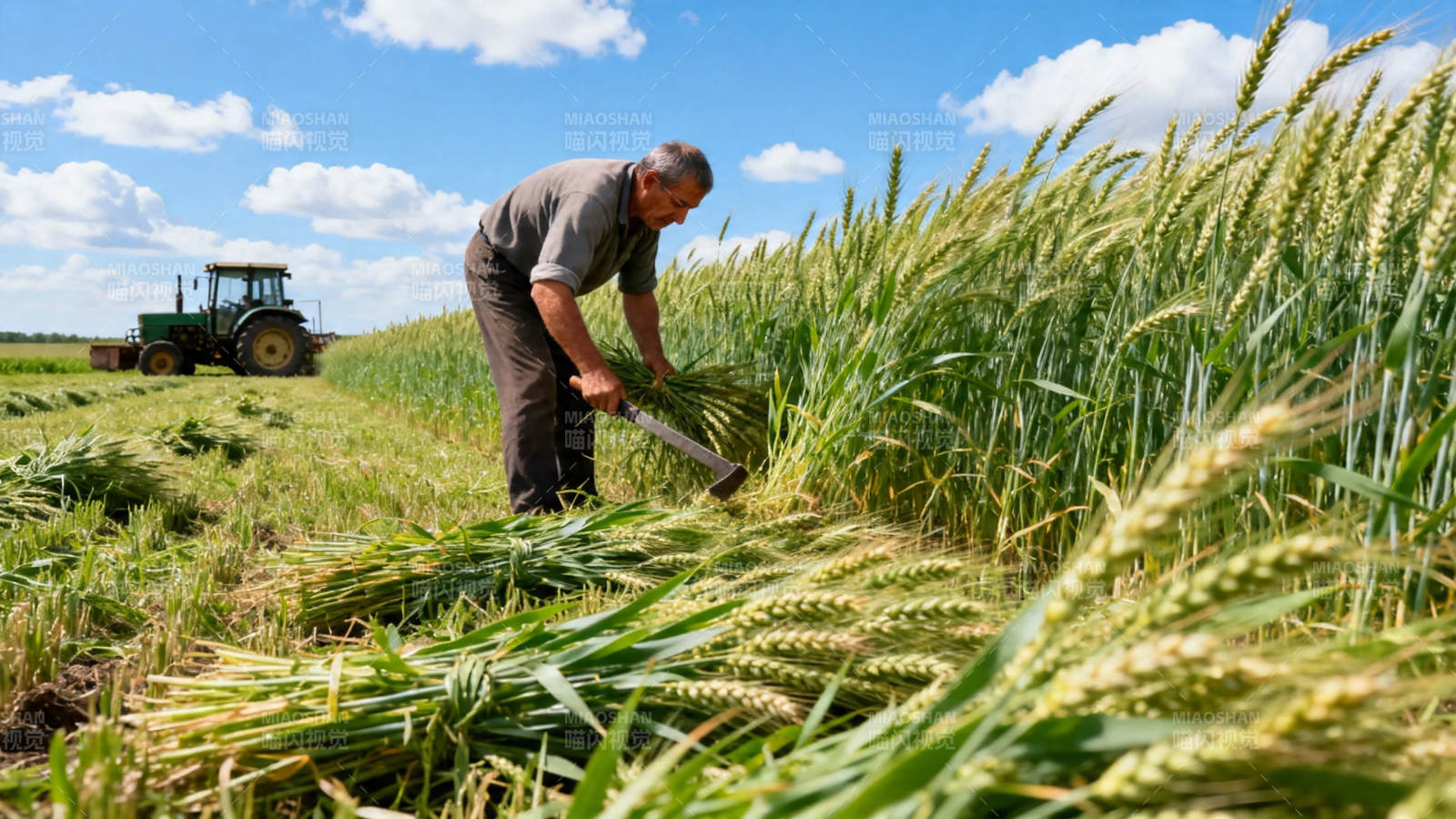 农夫收割金黄麦浪图片