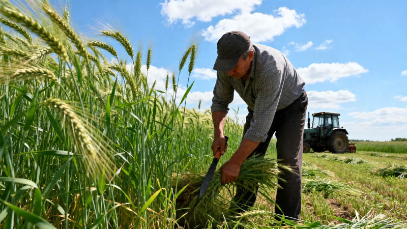 农夫割麦 拖拉机待命图片