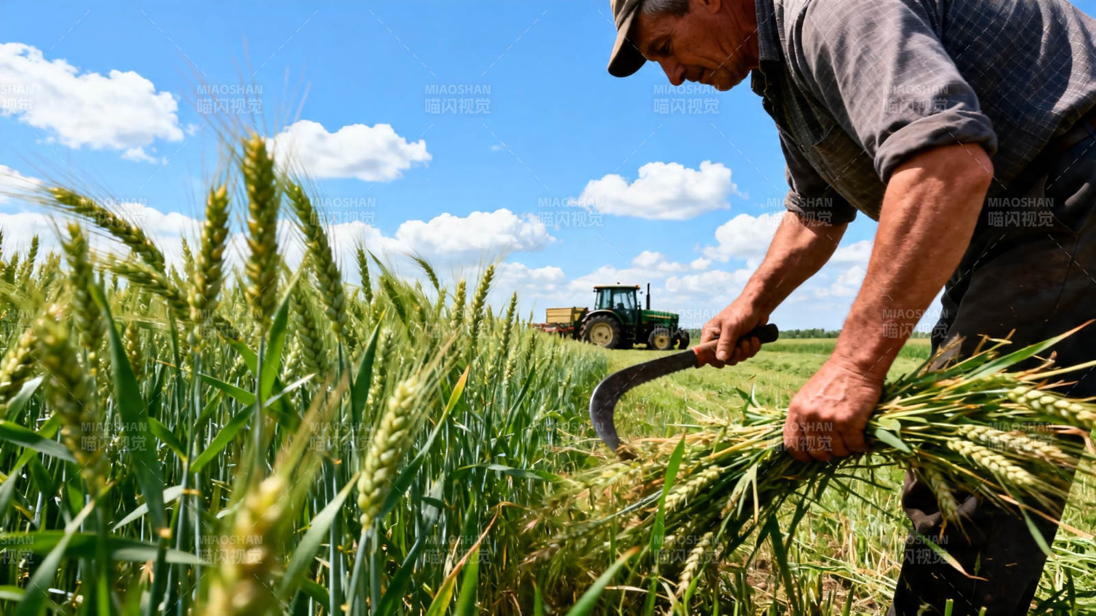 农夫镰刀收割金黄麦田图片