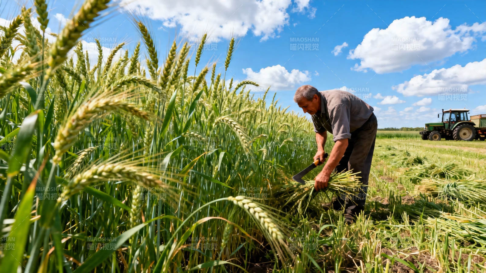 麦田里劳作的老农图片
