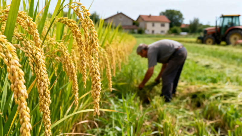 农人弯腰收割金黄稻穗图片