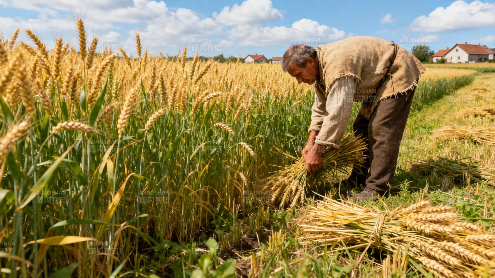 农人收割金黄麦田图片