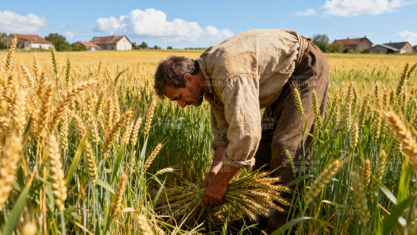 农夫弯腰收割金黄麦穗图片