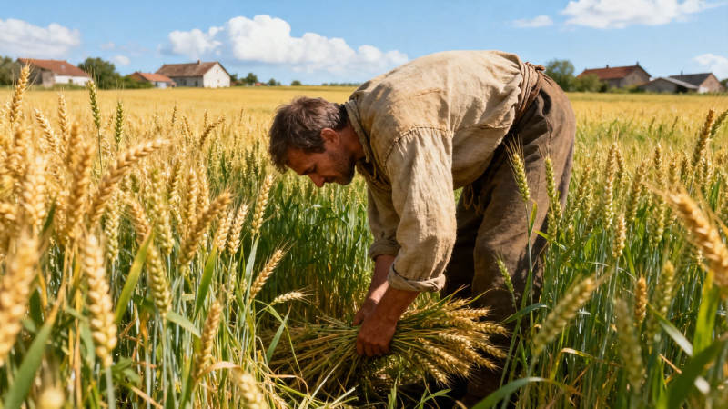 农夫弯腰收割金黄麦穗图片