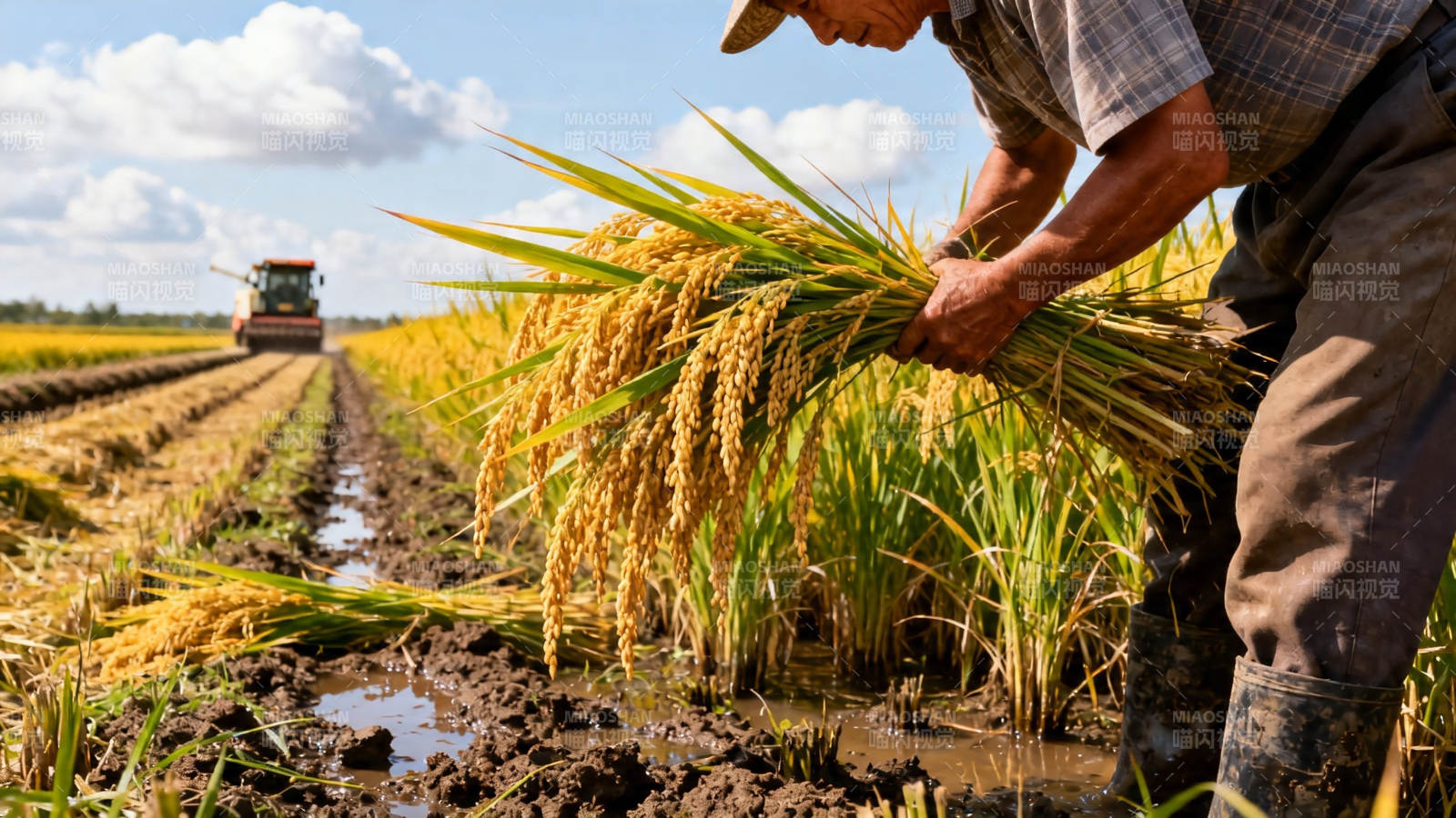 农民收割金黄稻穗图片