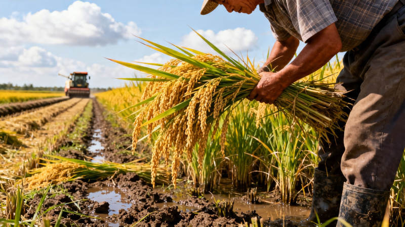 农民收割金黄稻穗图片