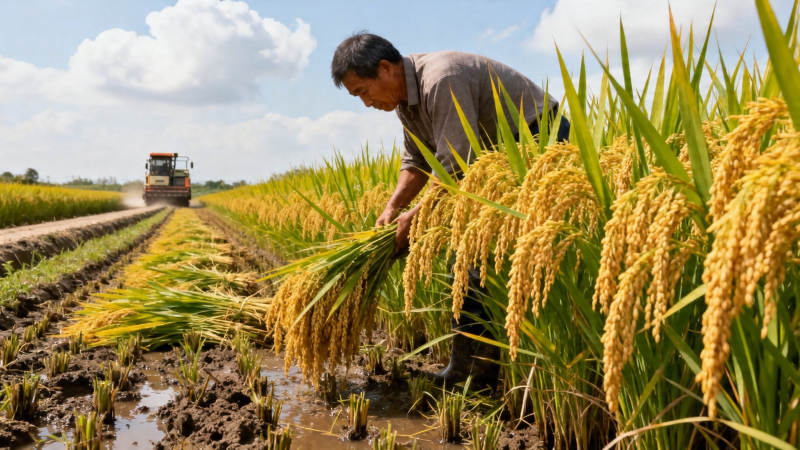农民收割金黄稻穗图片