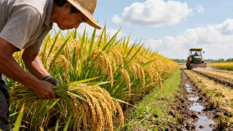 农人收割稻 机械伴田间图片