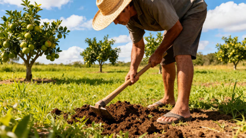农夫锄地 果园劳作忙图片