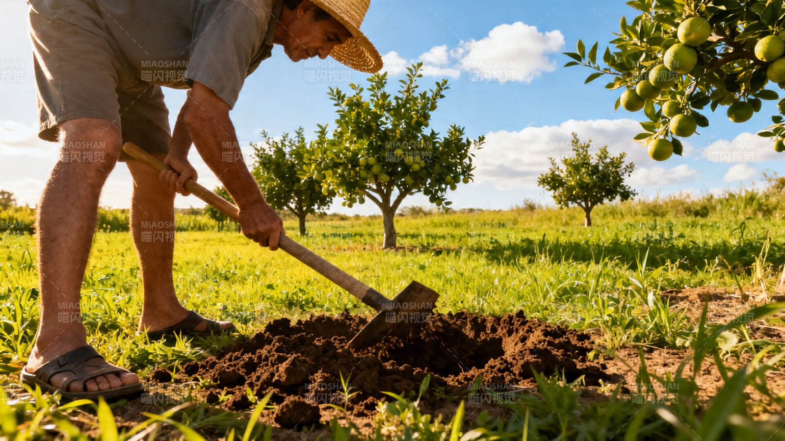 农夫锄地 果园劳作忙图片