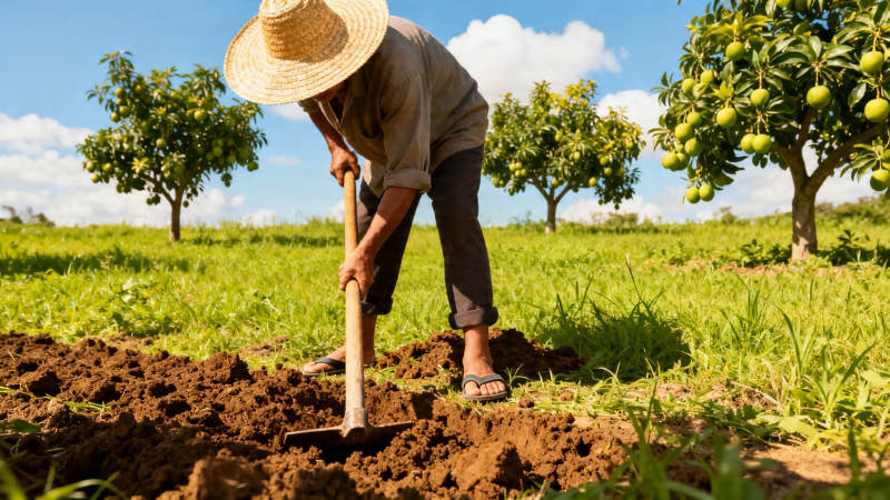 农夫戴草帽锄地果园中图片