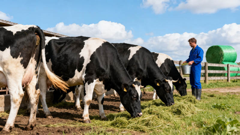 农夫喂牛 绿野蓝天图片