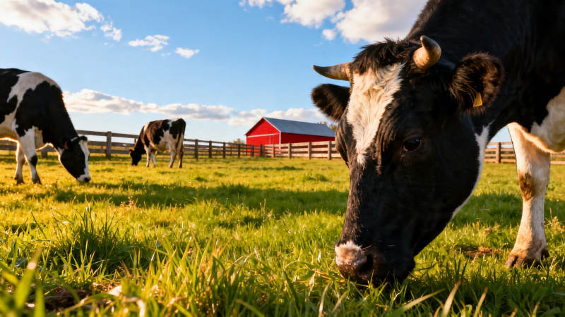 牧场牛群吃草 红 barn 背景图片