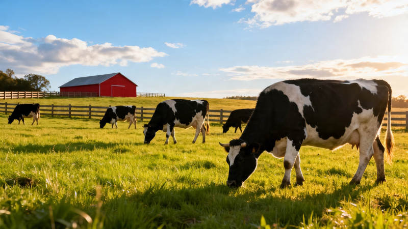 夕阳下奶牛悠然吃草图片