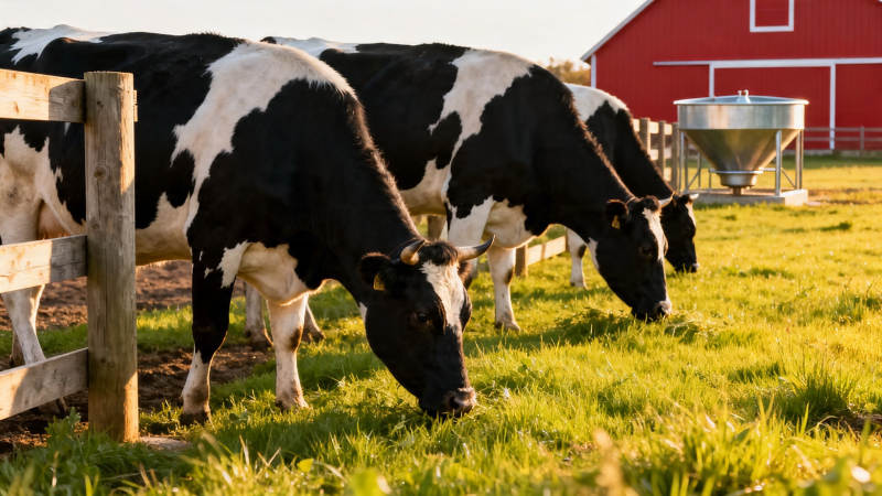 牧场奶牛吃草 红 barn 背景图片