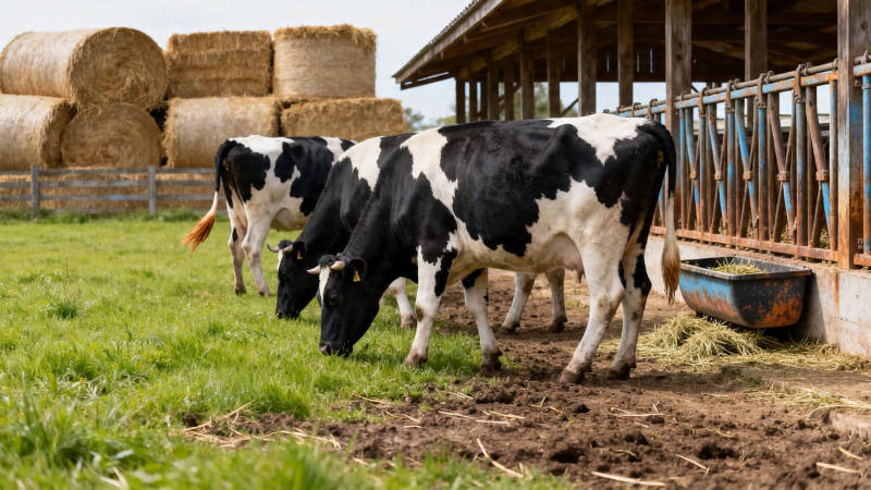 奶牛吃草 干草堆旁图片
