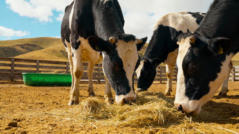 三头奶牛低头吃干草图片