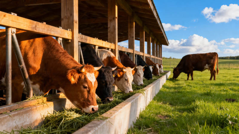牛群在棚下吃草 一牛野外放牧图片