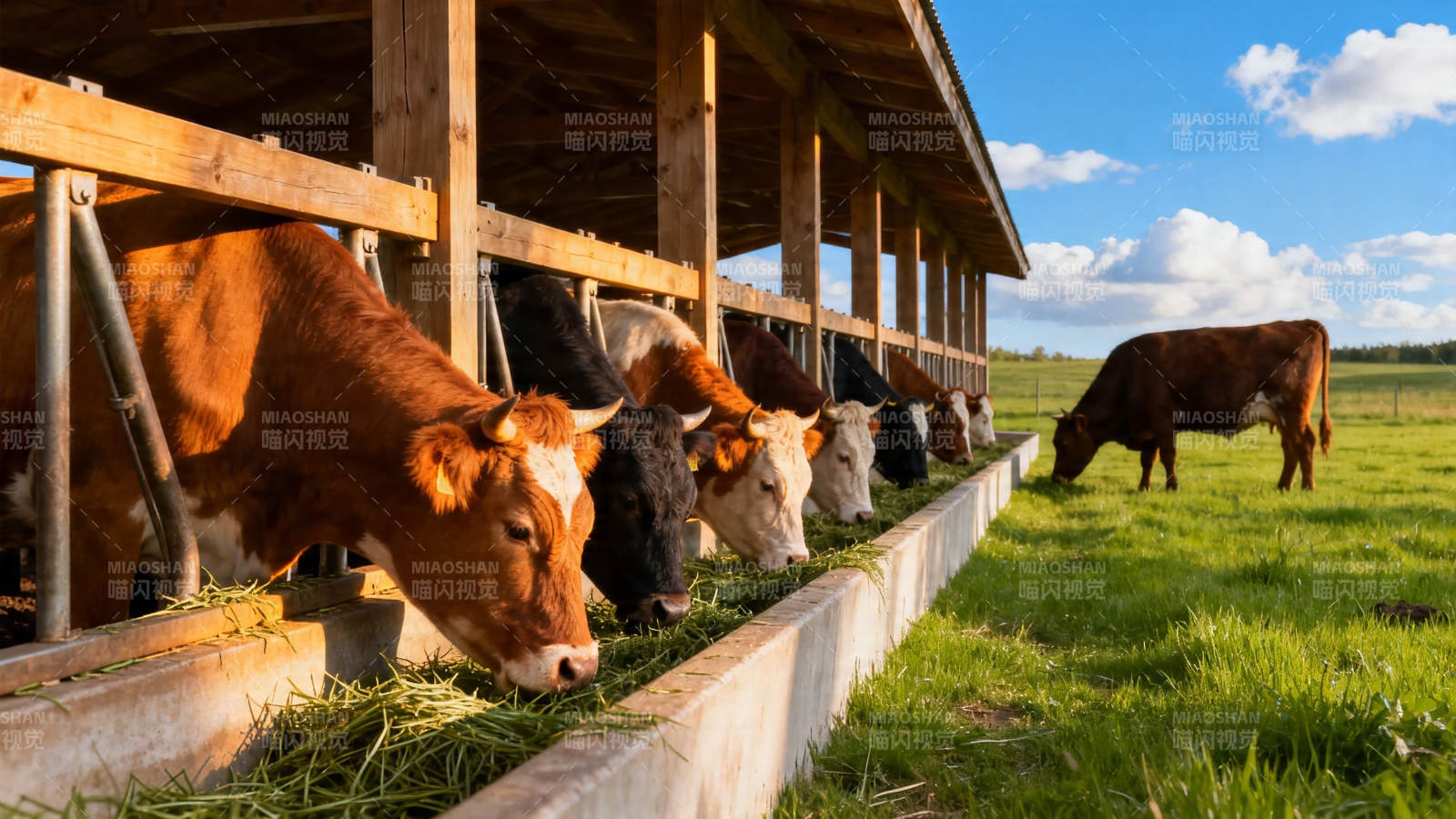 牛群在棚下吃草 一牛野外放牧图片