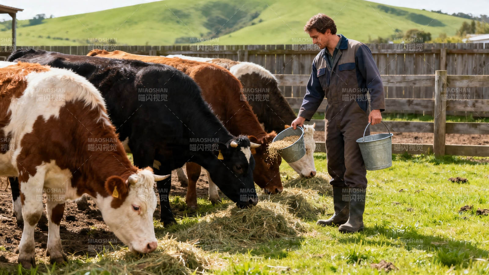 农夫喂牛 田园牧歌景图片