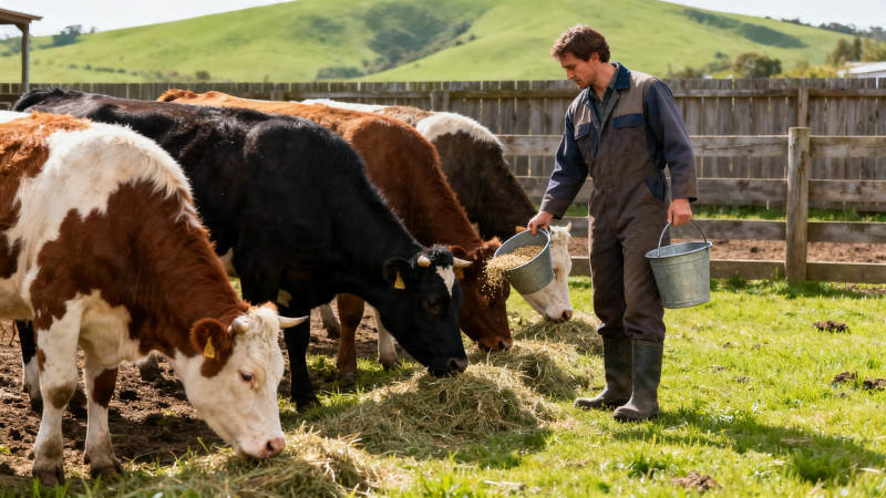 农夫喂牛 田园牧歌景图片