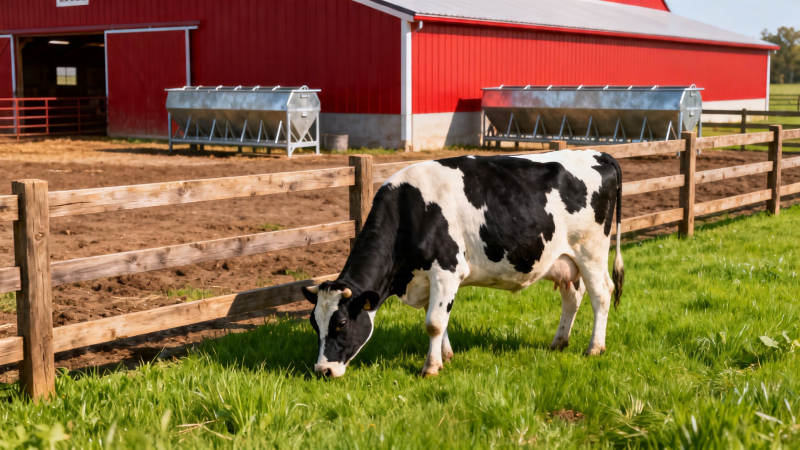 红 barn 前黑白奶牛吃草图片