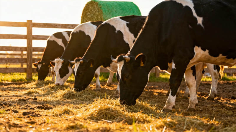 奶牛吃草 夕阳暖照图片
