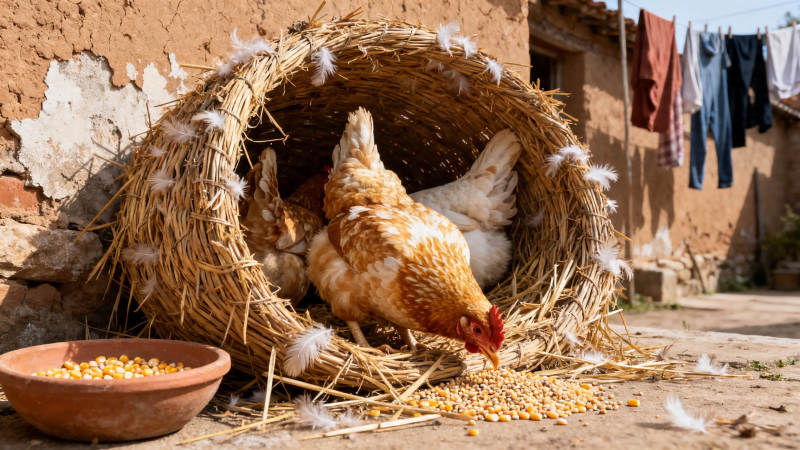 草窝母鸡啄玉米图片