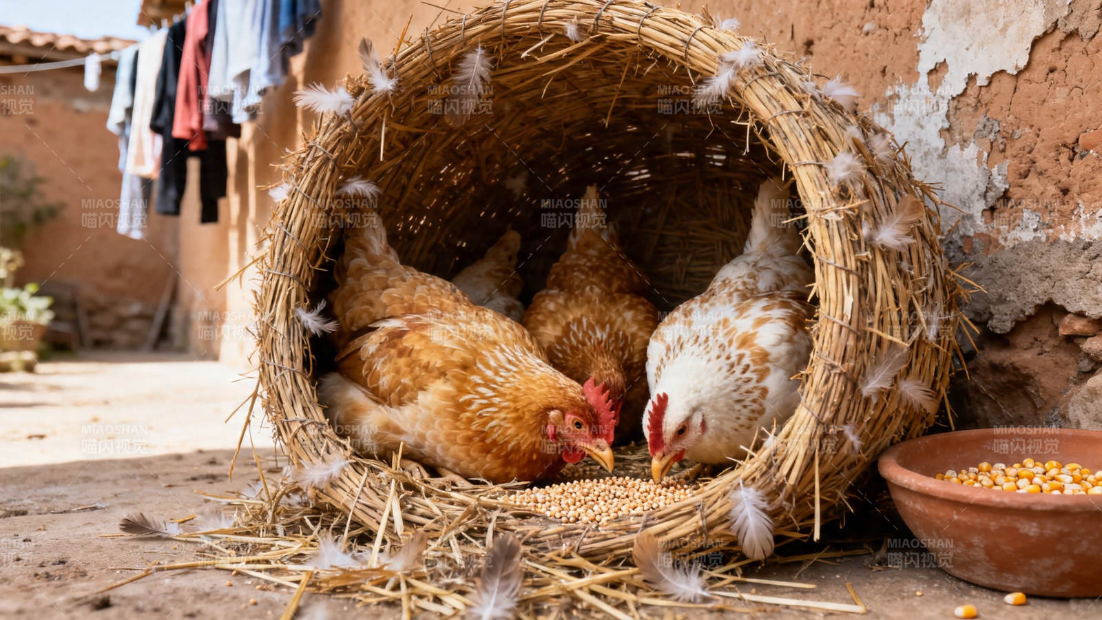 草窝三鸡啄食忙图片