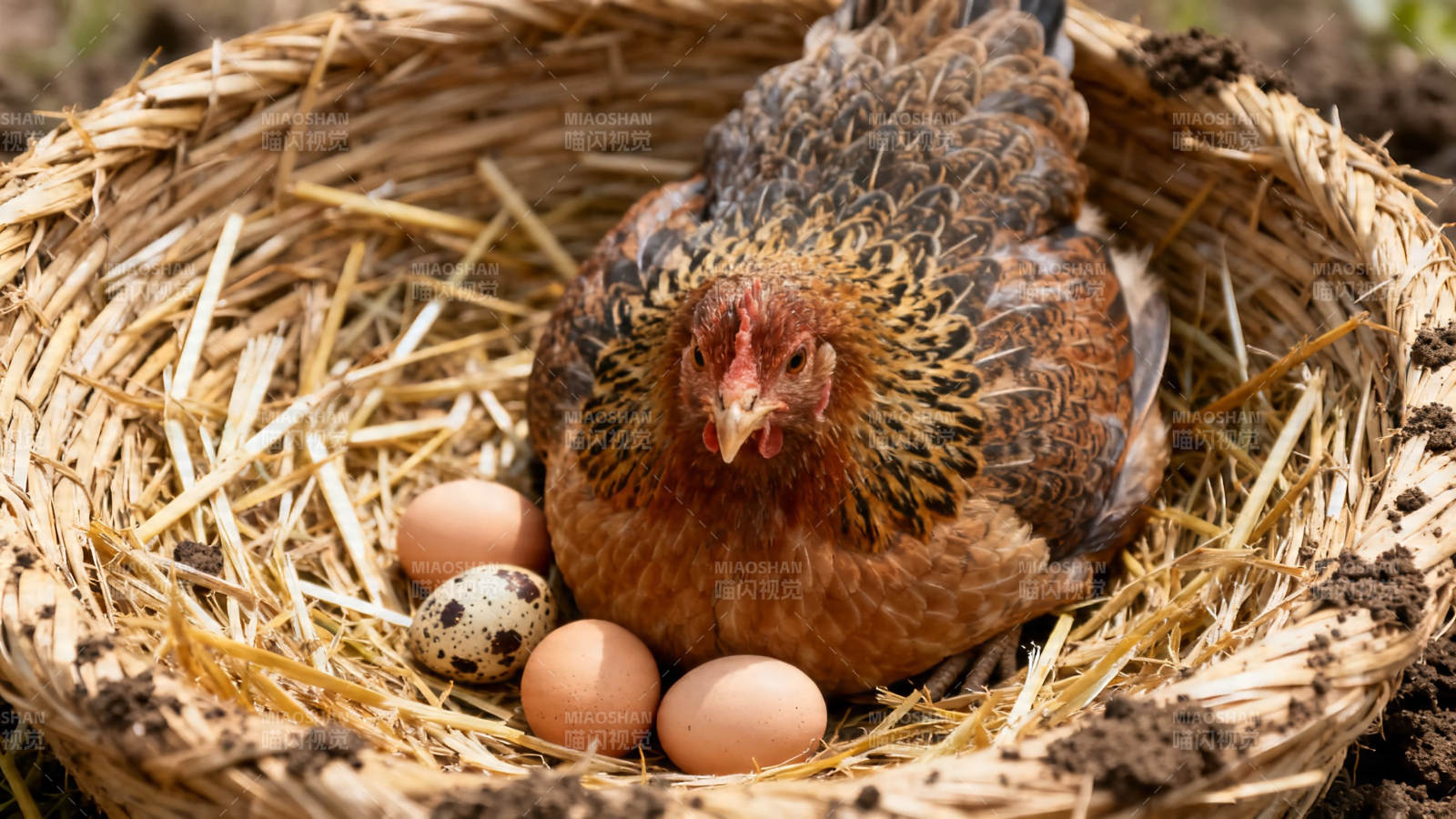 母鸡孵蛋 温馨巢中景图片