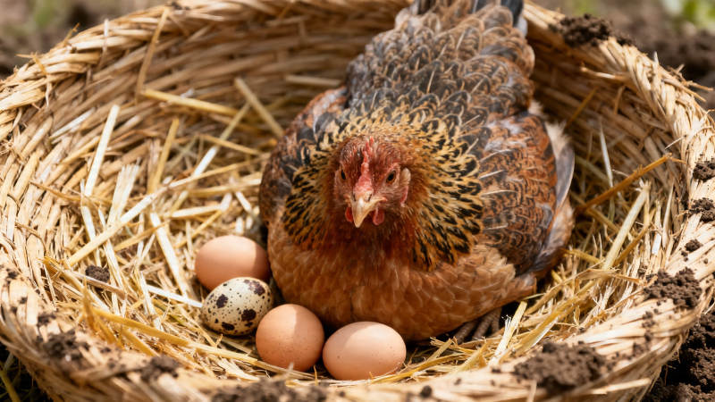 母鸡孵蛋 温馨巢中景图片