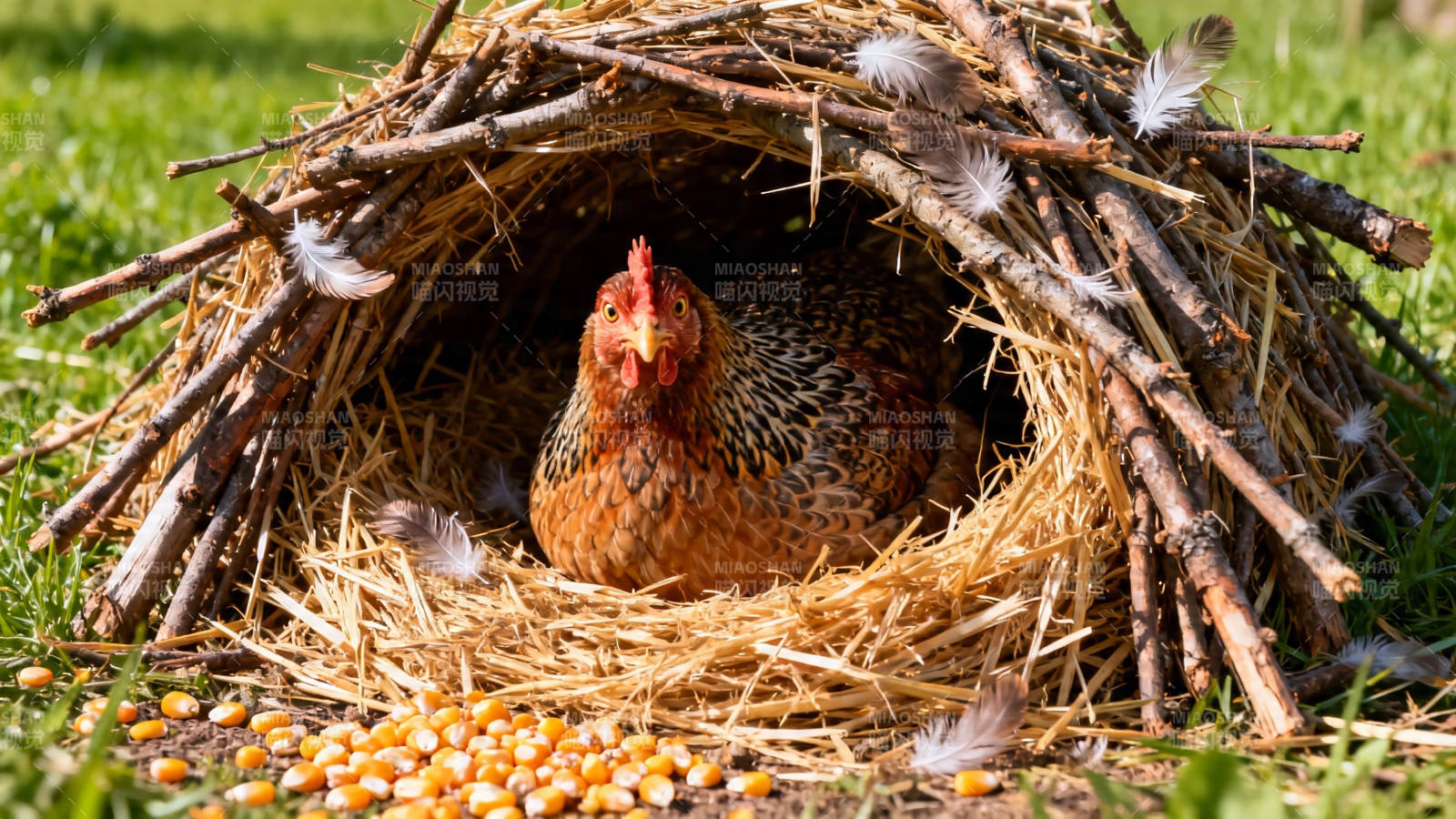 鸡窝里的母鸡与玉米粒图片
