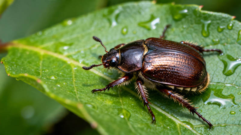 叶上甲虫 水珠晶莹图片
