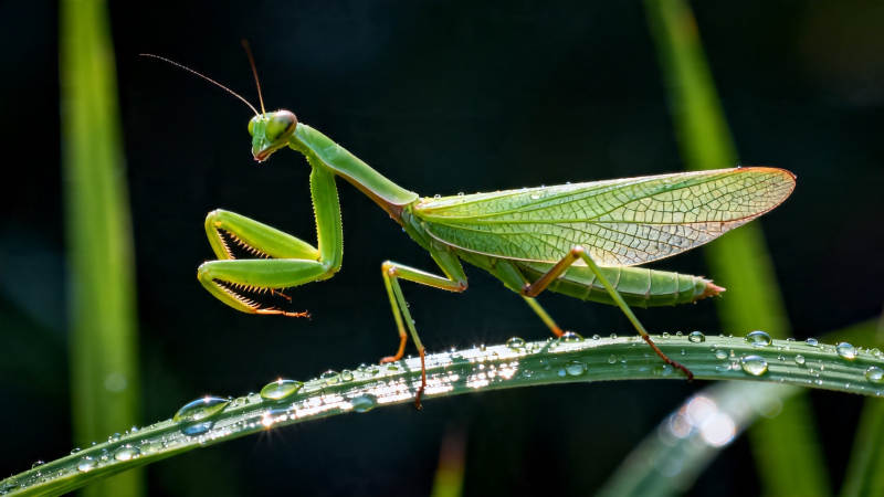 绿螳螂栖叶 晨露晶莹图片