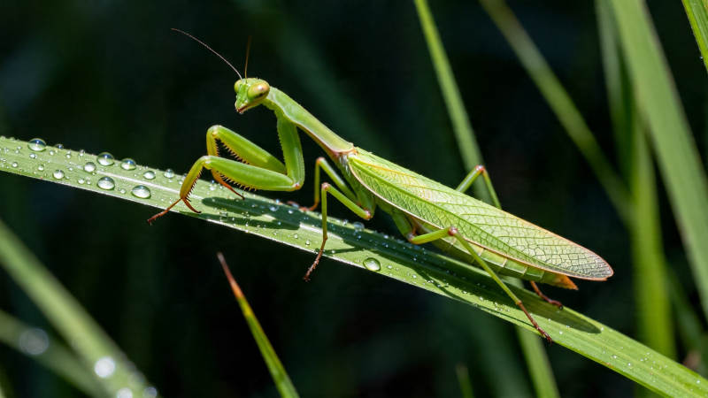 绿叶上的螳螂晨露晶莹图片