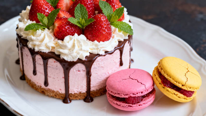 草莓奶油蛋糕配马卡龙图片