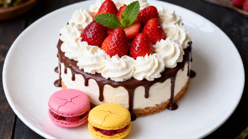 草莓奶油蛋糕配马卡龙图片