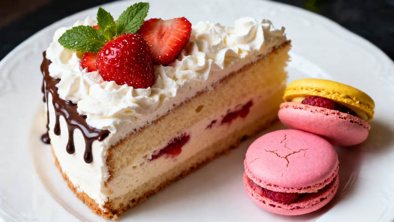 草莓奶油蛋糕配马卡龙图片