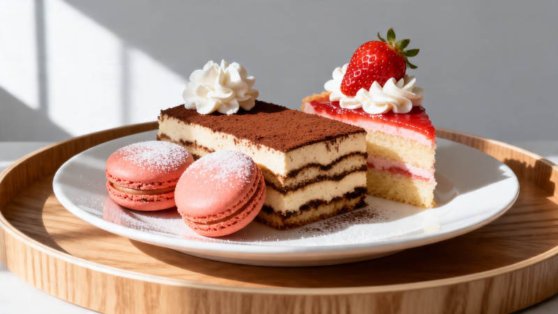 甜点拼盘 草莓蛋糕与马卡龙图片