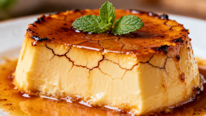 焦糖布丁配薄荷叶图片