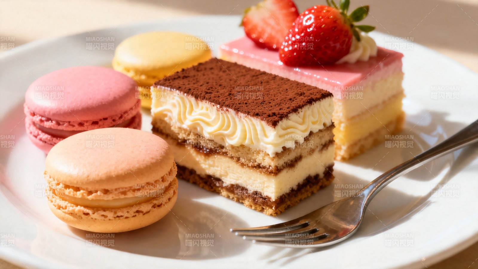 马卡龙与草莓蛋糕甜点盘图片