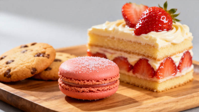 草莓蛋糕配马卡龙饼干图片