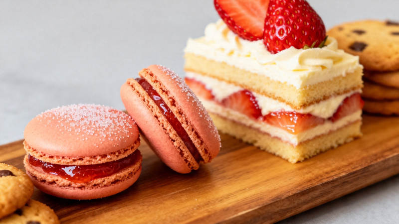 草莓甜点拼盘 马卡龙 蛋糕 饼干图片