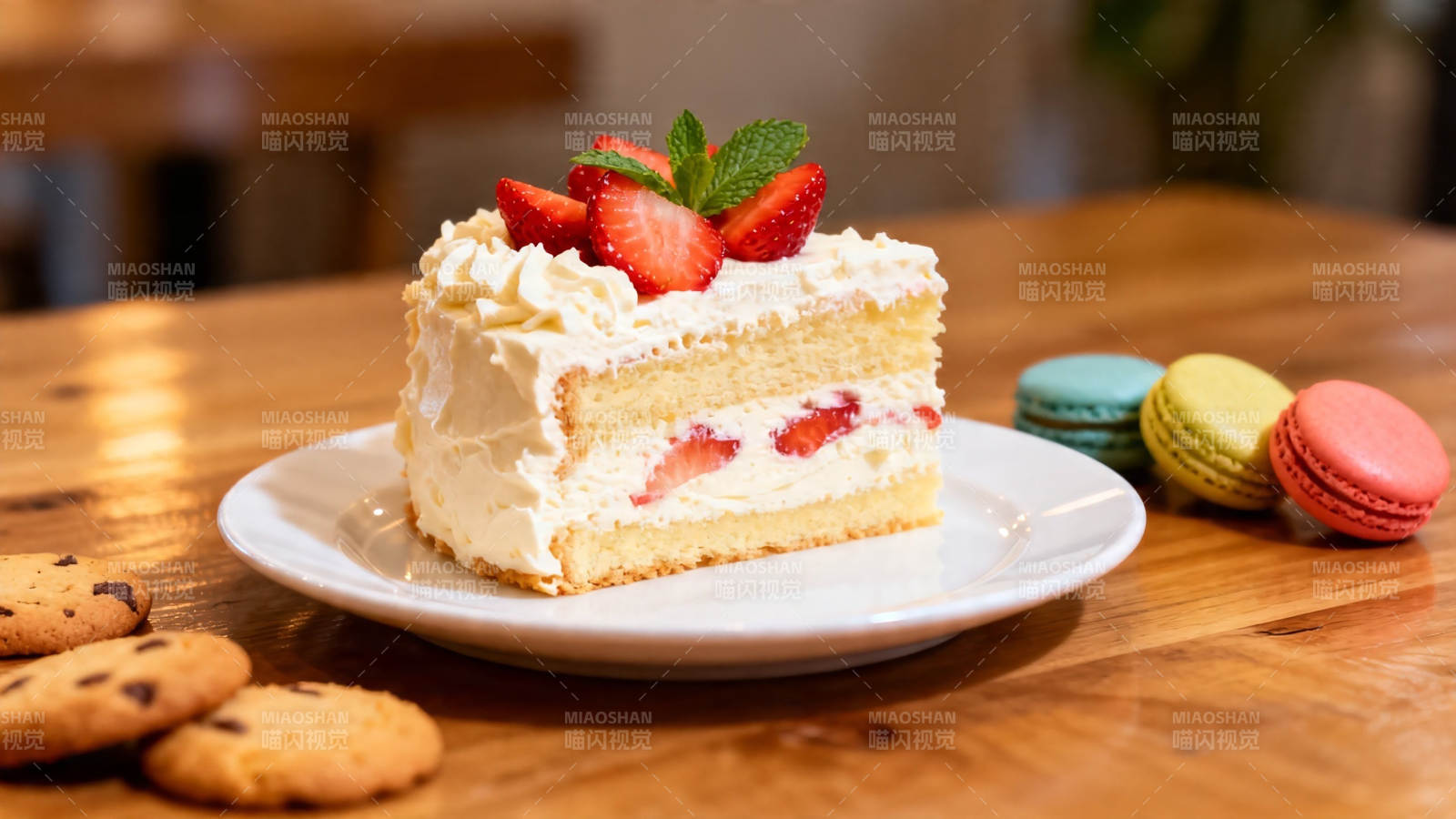 草莓奶油蛋糕配马卡龙图片